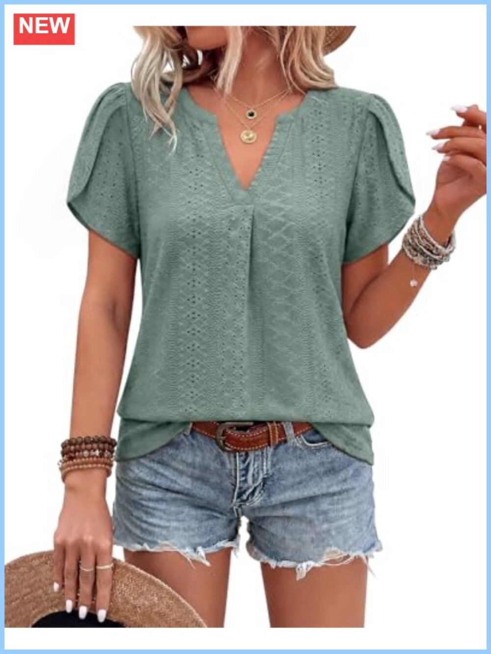 Boho Tunic Short Sleeve Blouse V-Neck Puff Sleeve Top Summer Vacation